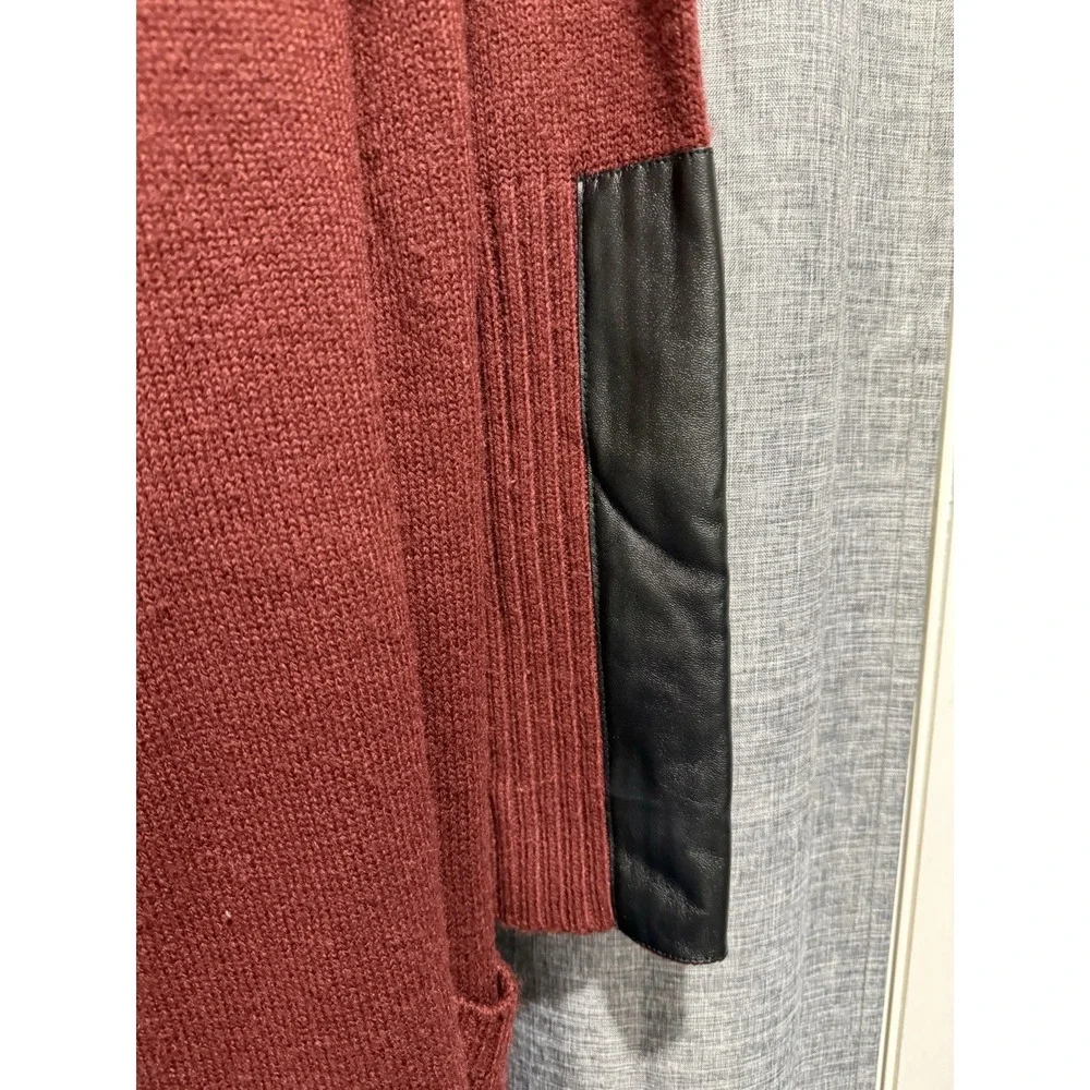 Kate & Mallory Cardigan Faux Leather/Ribbed LS Size Med. Open Sweater Cranberry